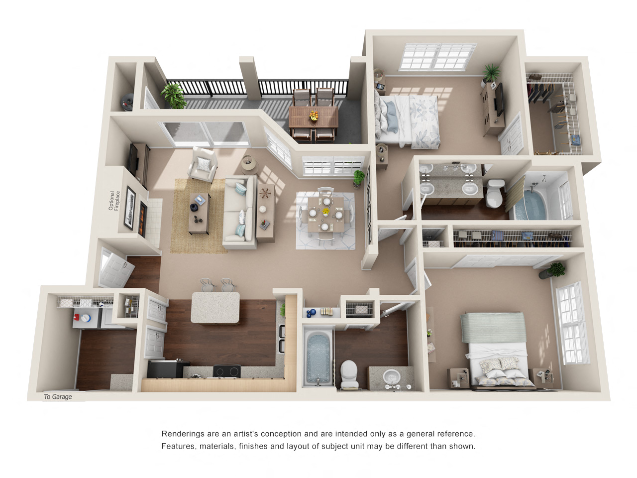Floor plan for 2 beds, 2 baths, 1196 sqft